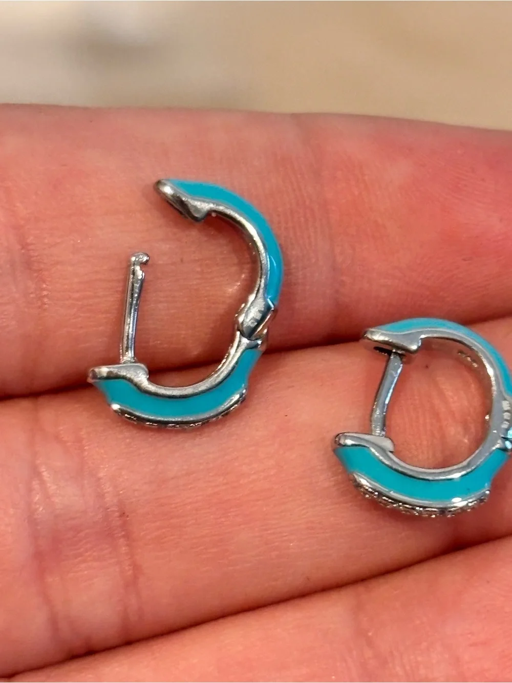 925 Sterling Silver Turquoise Enamel Huggie Hoop Earrings with Crystal Accents